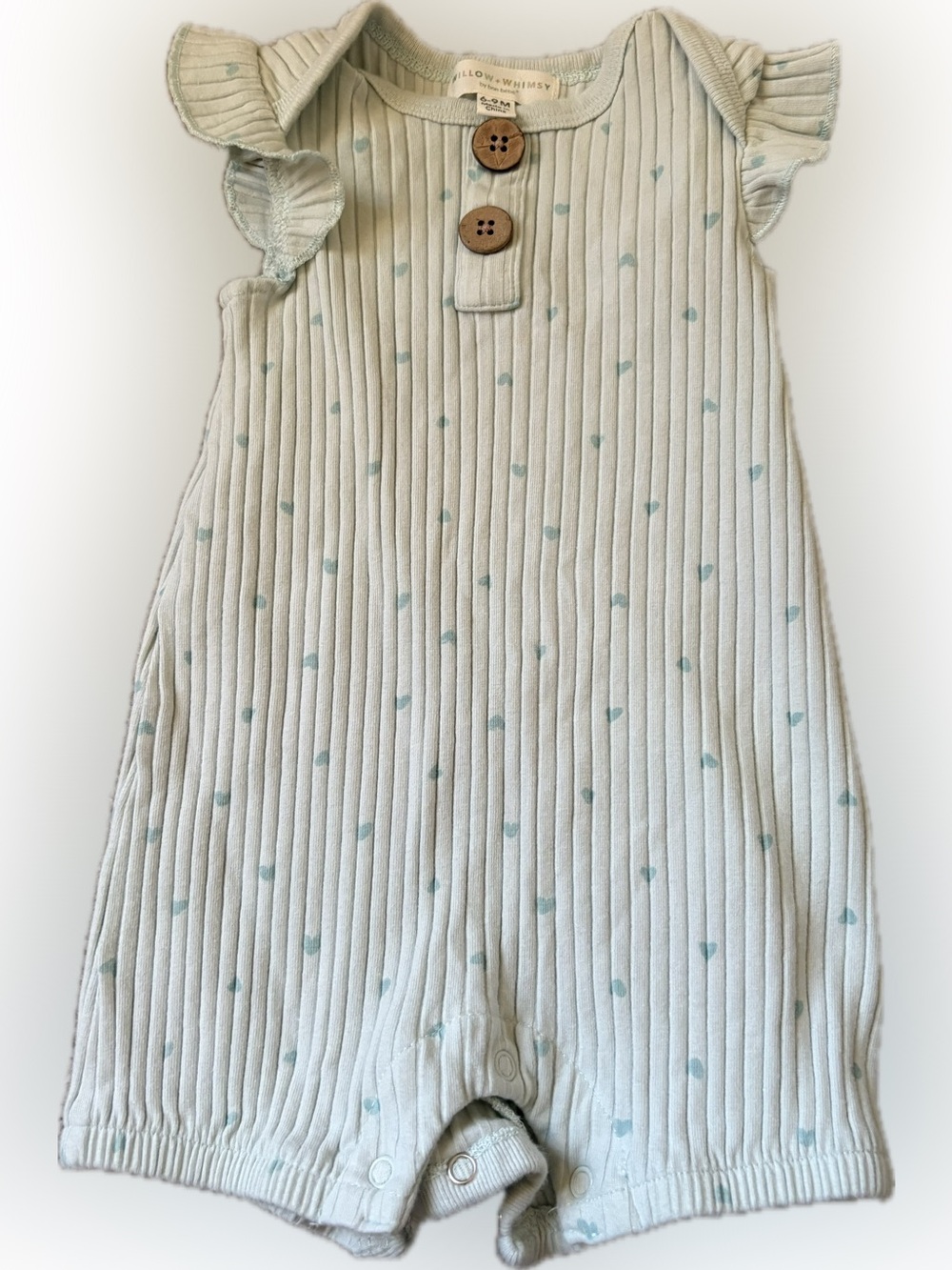 Bon Bebe Mint Ribbed Romper with Tiny Teal Hearts